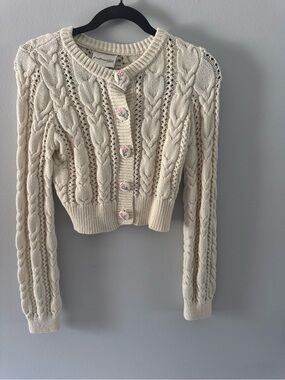 Freshman Cream Cable Knit Cropped Cardigan with Floral Buttons